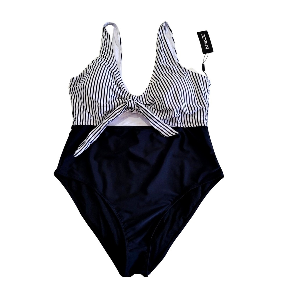 AIMAGE Womens 2XL One Piece Swimsuit Black White Striped Tie Front Cutout NWT‎